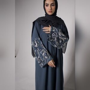 Elegant Blue Abaya with Silver Embroidery